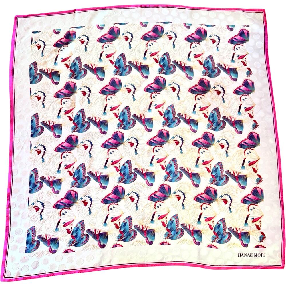 Hanae Mori Butterfly Silk Scarf 35x35 Signature Print 1970s Japan Hand Rolled - Picture 10 of 13
